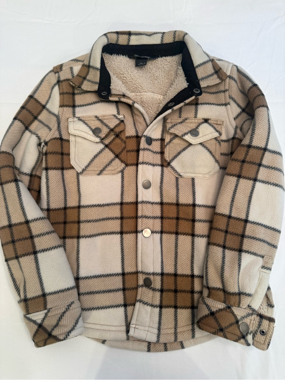 Eddie Bauer Cream, Brown & Black Plaid Sherpa-Lined Shirt Jacket